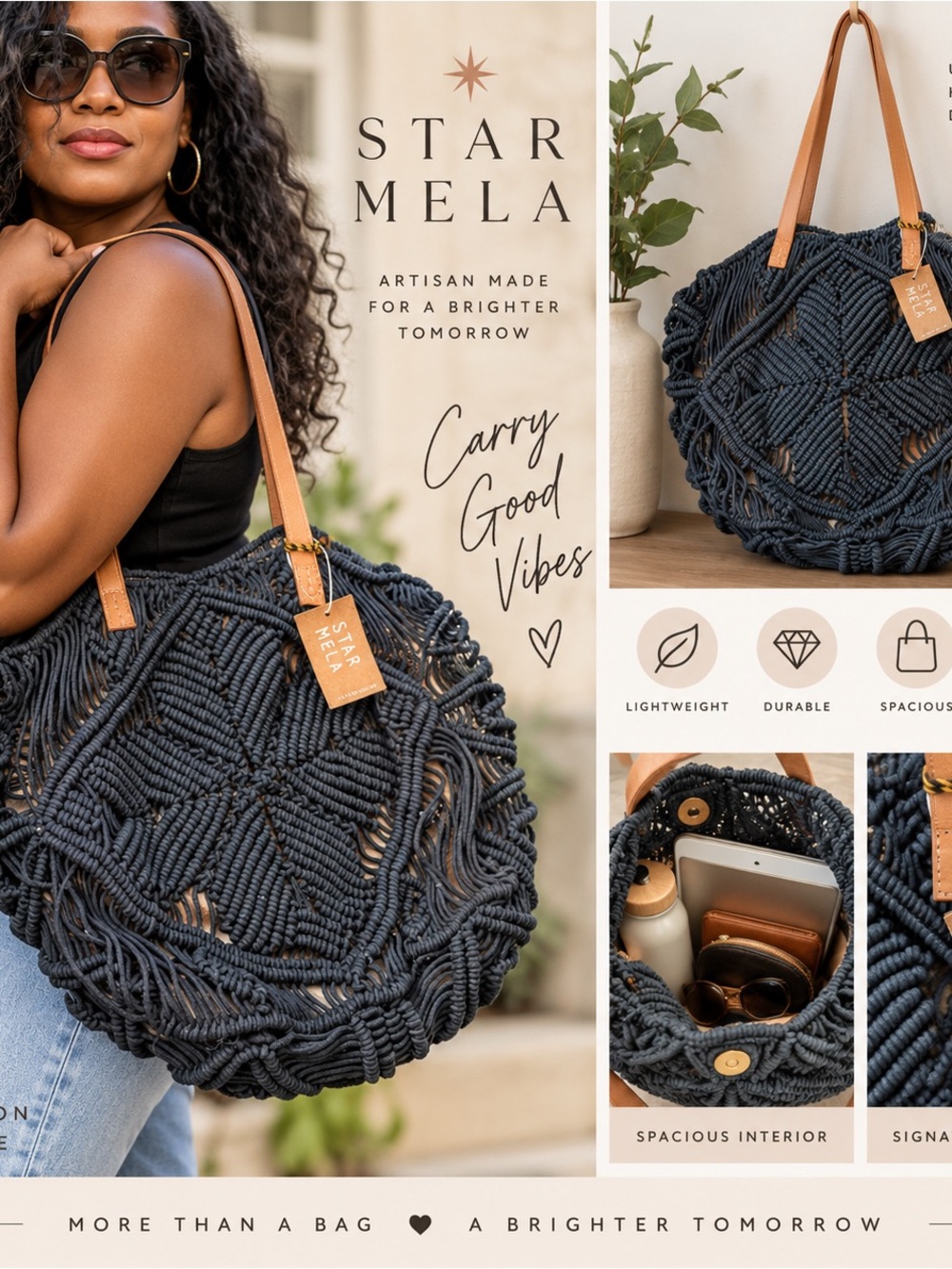 Star Mela Black Macramé Tote with Tan Straps and Tag